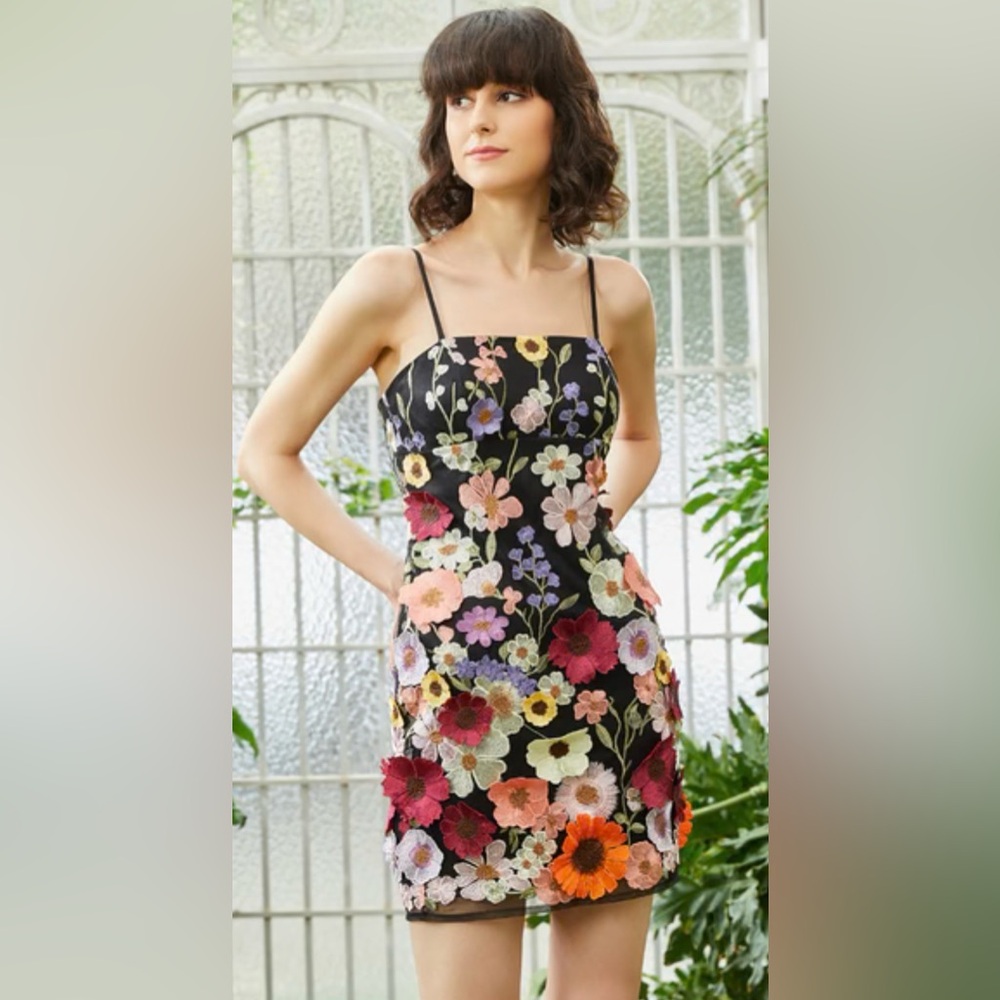Cider Strapless Black Dress with Floral Embroidery